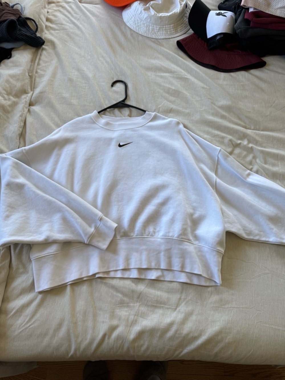Nike White Oversized Cropped Crewneck Sweatshirt with Black Swoosh